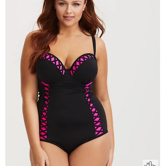 NEW Torrid | Black Lattice & Hot Pink Peekaboo Push-Up Demi Swimsuit One Piece 1 - Picture 2 of 15